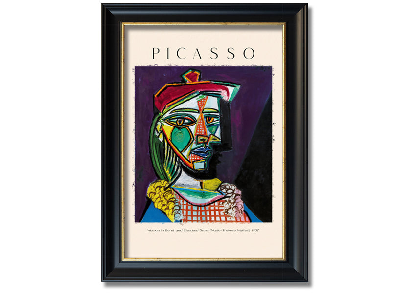 A vibrant reproduction of Picasso's 'Woman In Beret And Checked Dress 1937' printed on canvas, framed and ready to hang.